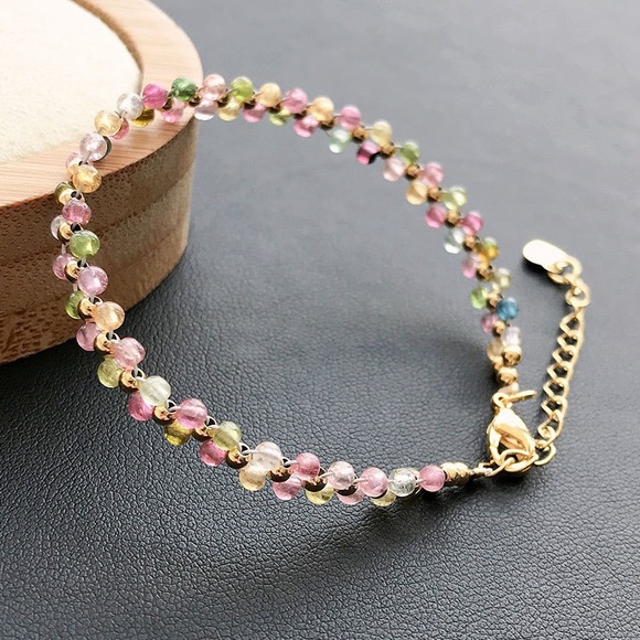 Sterling Silver gold vermeil handmade tourmaline watermelon 2mm beads bracelet. - Picture 5 of 6